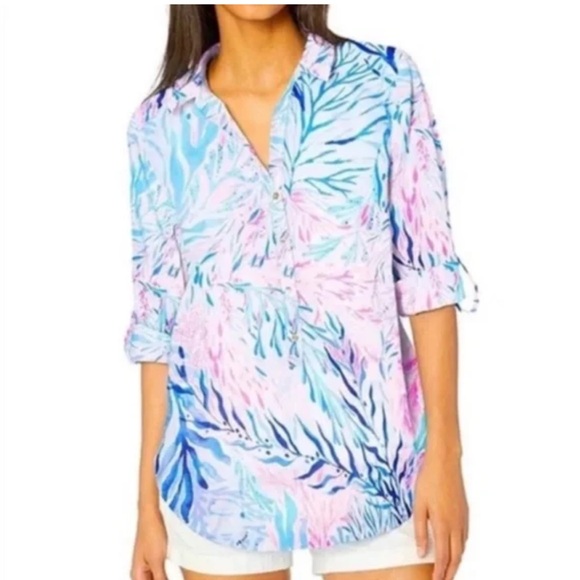 Lilly Pulitzer Printed 3/4 Roll Tab Sleeve Henley Collared Cotton Tunic XL Pink - Picture 1 of 13